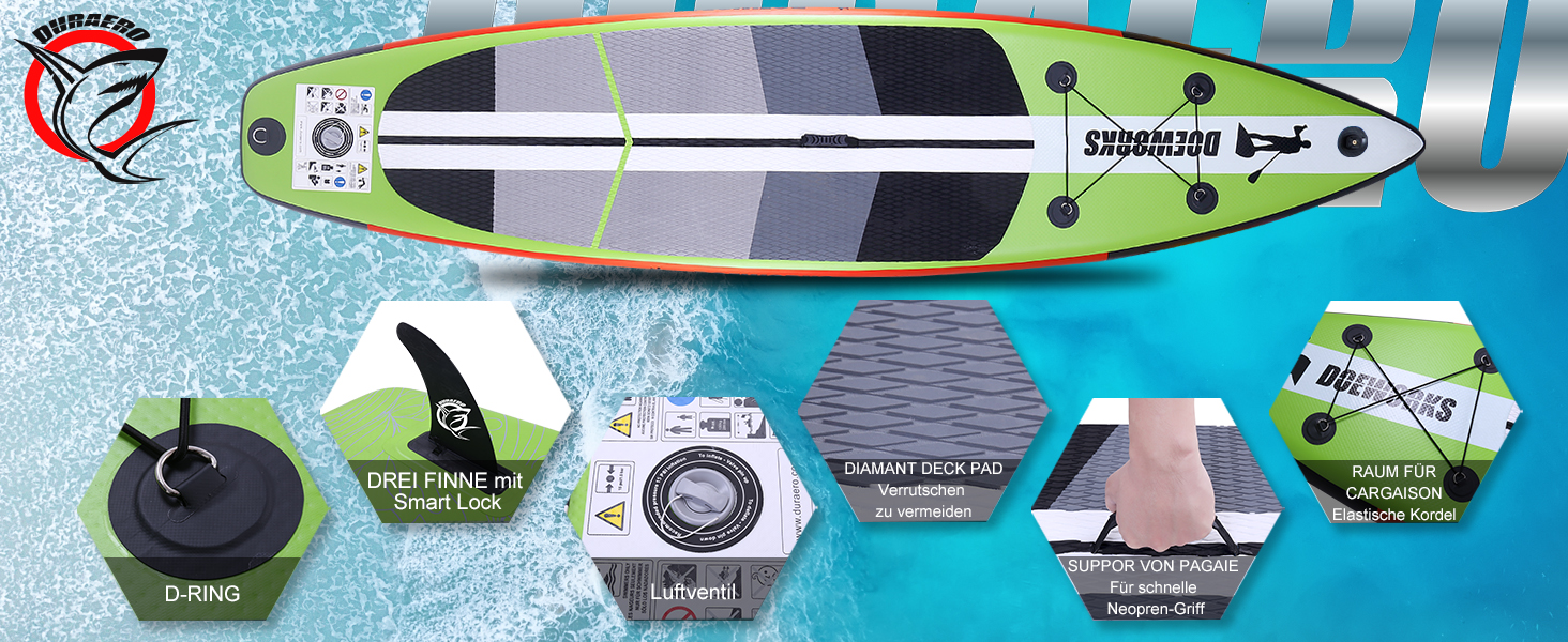 avec design vert et blanc. Les caractéristiques comprennent des anneaux en D, un cordon élastique et un patin antidérapant. Les images en encart montrent les détails de construction de l'aileron, de la pompe et de la planche