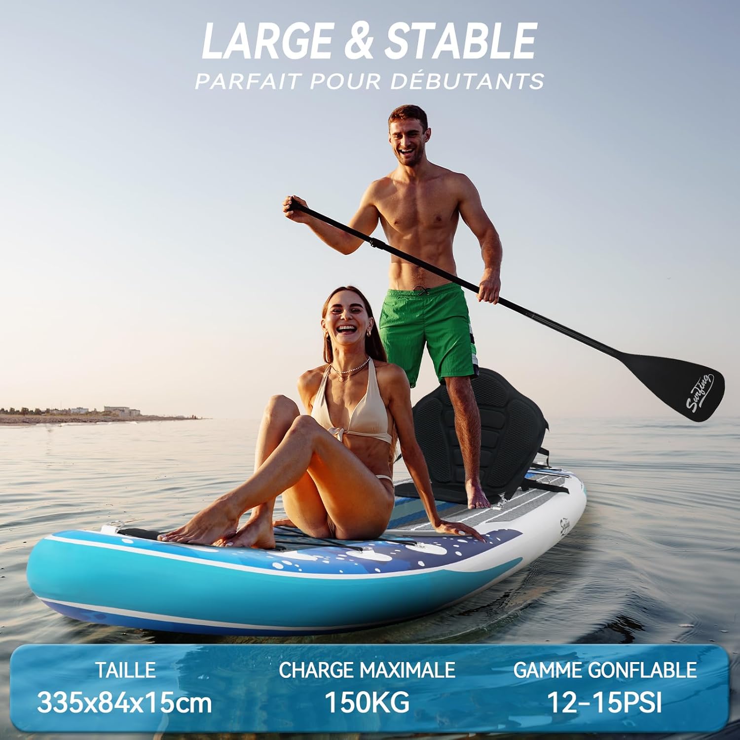 jardinite - Paddle gonflable 320/335cm - 2 personnes, siège kayak, jusqu'à 150kg