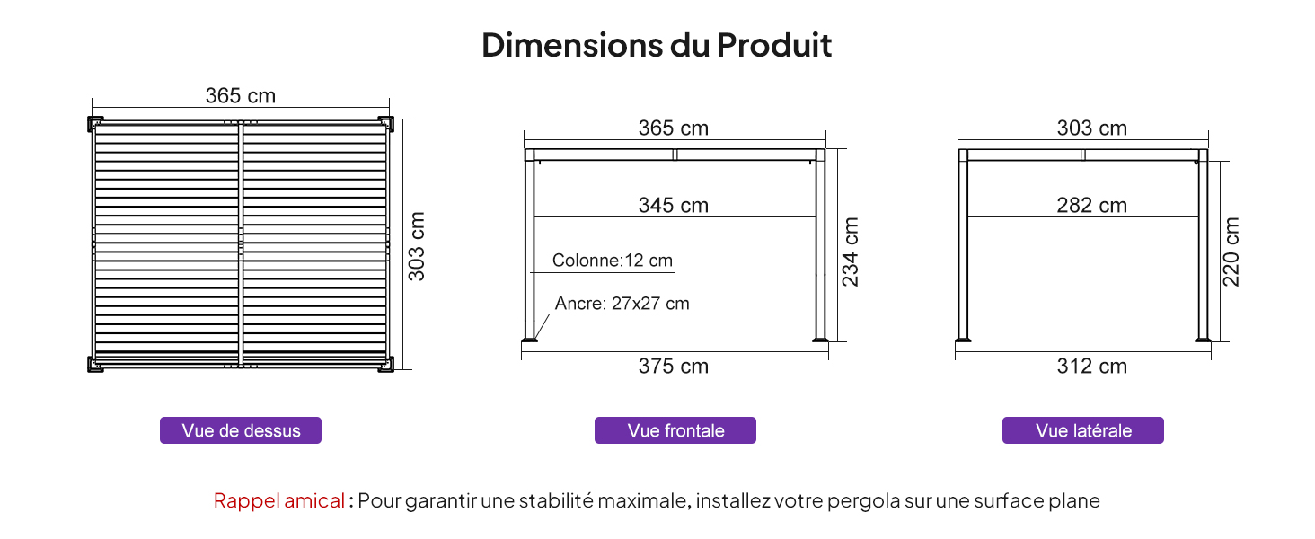 Schéma technique montrant les mesures dimensionnelles et les spécifications de ce qui semble être du mobilier ou des pièces d'installation.