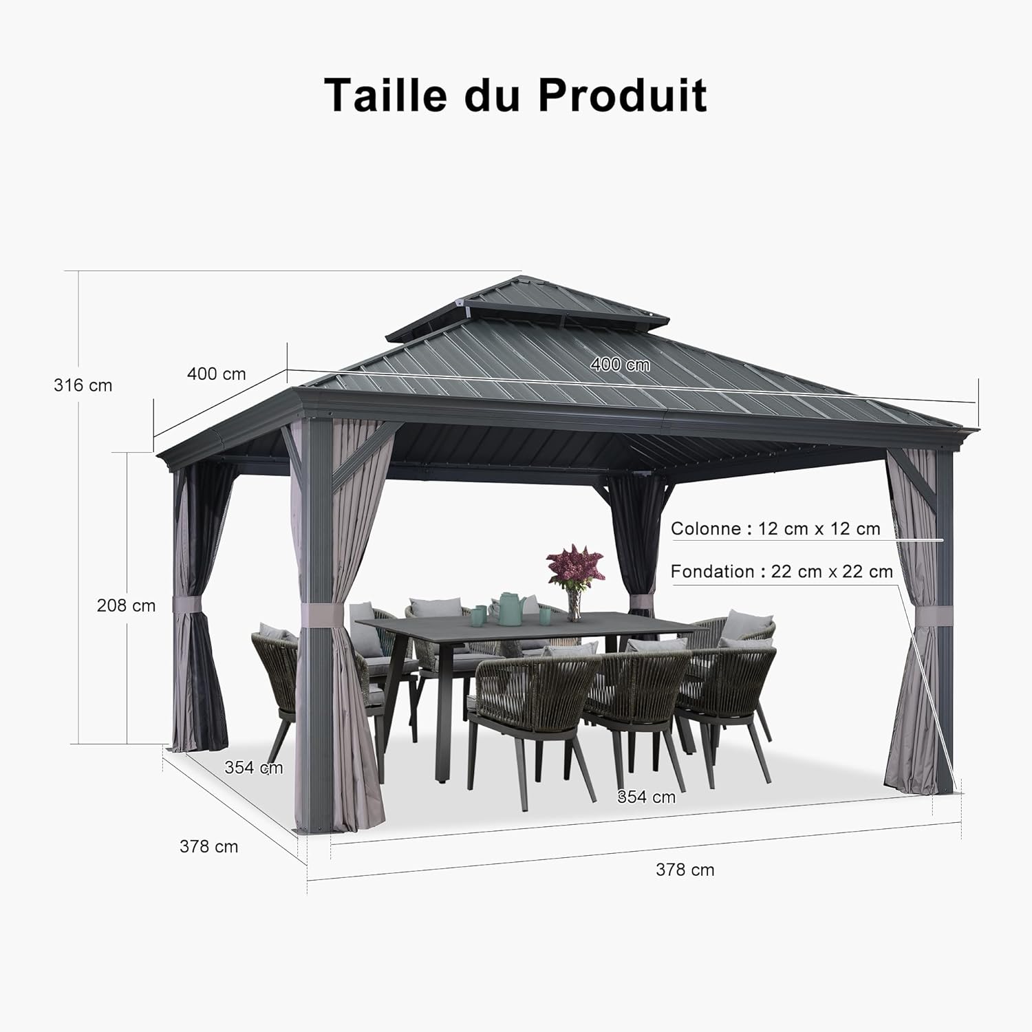 jardinite - tonnelle double toit acier 4x4m, rideaux, moustiquaire