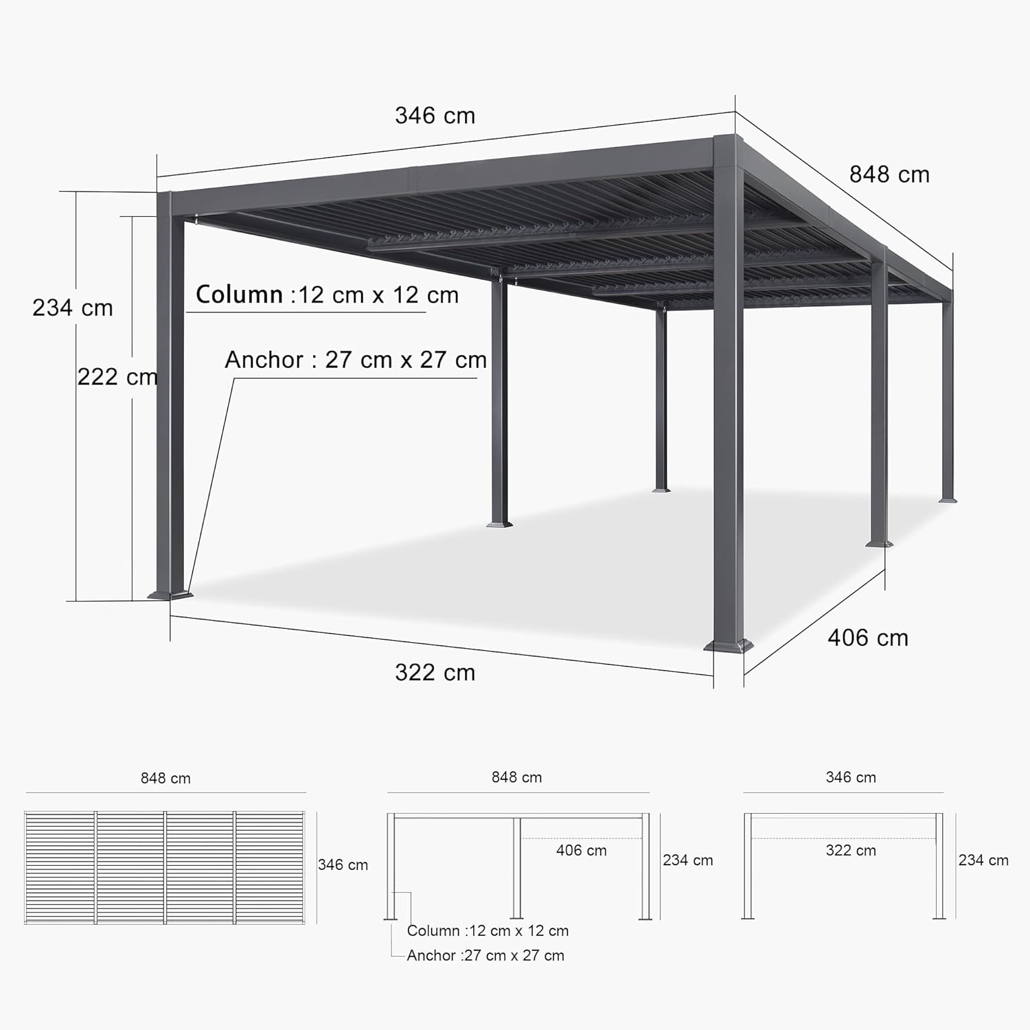 jardinite - Pergola bioclimatique série - 3,5x8,5m - aluminium, lames orientables, jardin, terrasse, gris