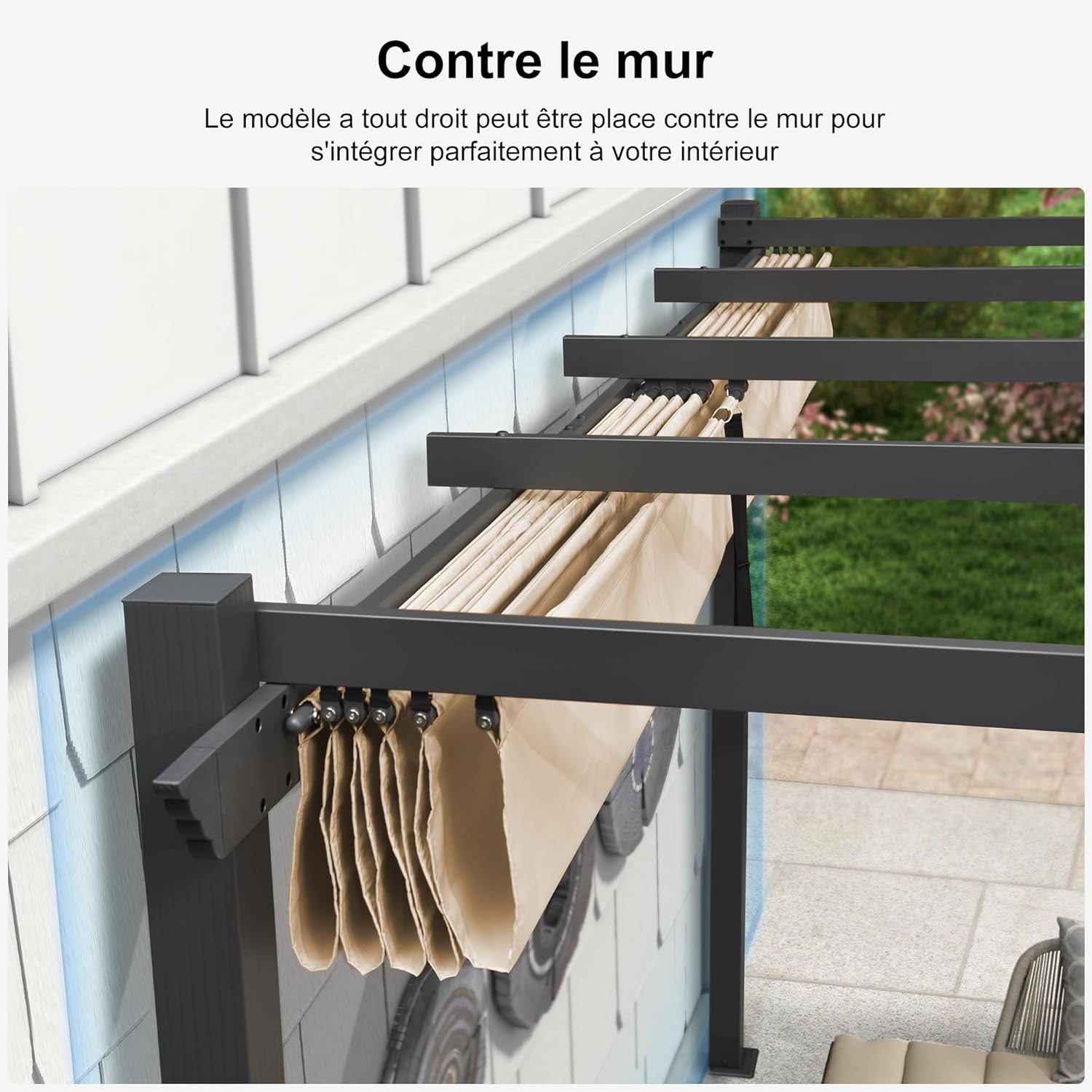 jardinite - Pergola murale - 4 x 2,7 m - toit coulissant alu, tissu kaki