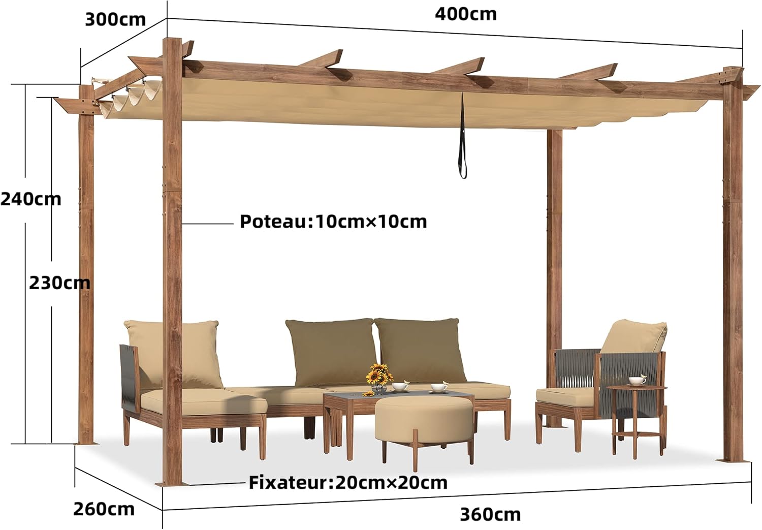 jardinite - Pergola aluminium 4x3m, toit rétractable, éclairage intégré, finition teck, kaki