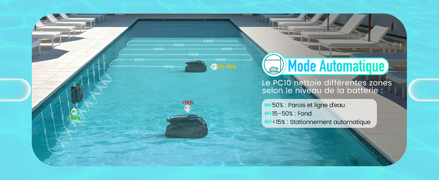 Vue aérienne d'une piscine avec des séparateurs de voies et une superposition de texte indiquant l'entretien de la piscine ou les informations de filtrage en français, partiellement visible dans un coin.