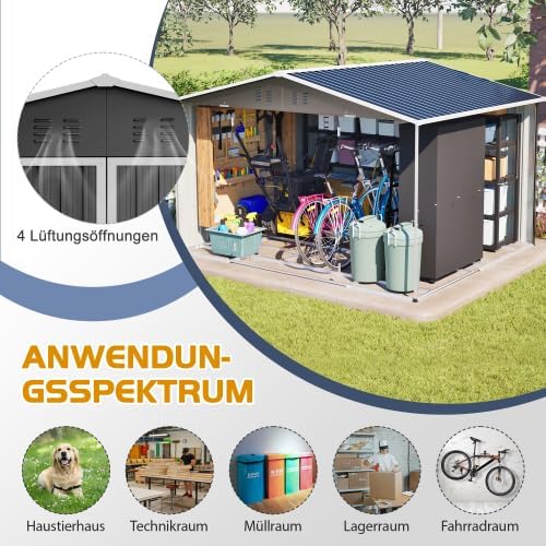 Abri de jardin en métal 300 x 252 cm – Noir – Grand abri de jardin résistant aux intempéries avec toit à pignon, pour vélos et outils, abri de jardin XXXL