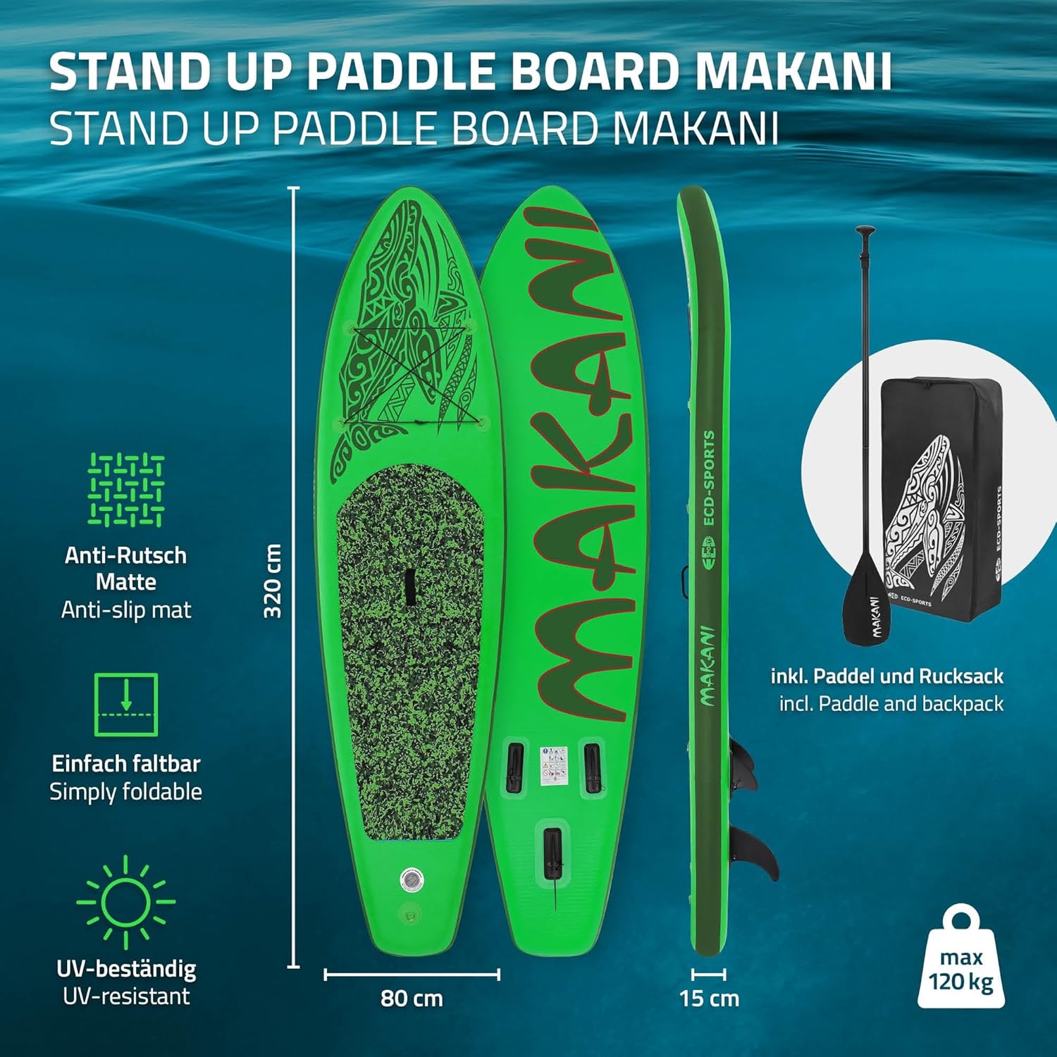 jardinite - planche stand up paddle - 305/308/320/380 cm - PVC, jusqu'à 150 kg, 10/15 cm d'épaisseur