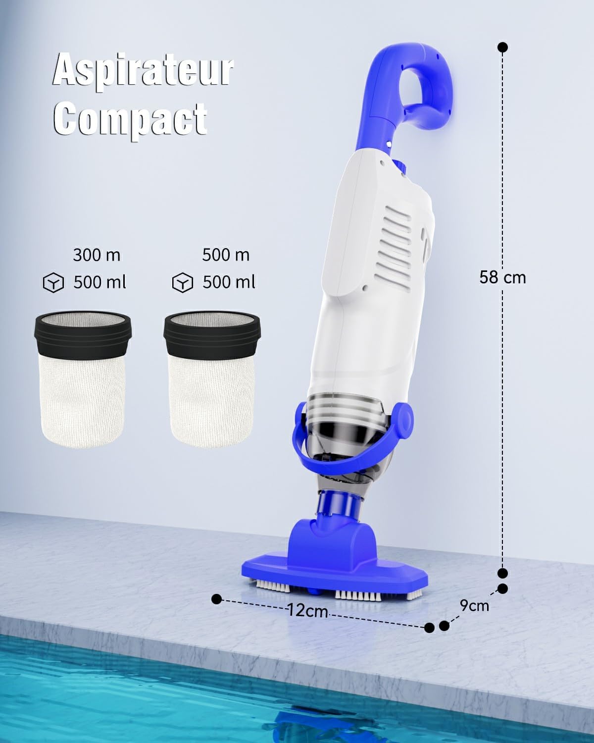 Aspirateur piscine manuel - 60 min autonomie - filtres & brosse - compact
