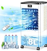 Unité de refroidissement d'air portable avec affichage numérique indiquant une capacité de « 8 L ». Comprend une télécommande, un système de refroidissement des bouteilles d'eau et une visualisation du refroidissement bleue avec des éléments en forme de feuille.