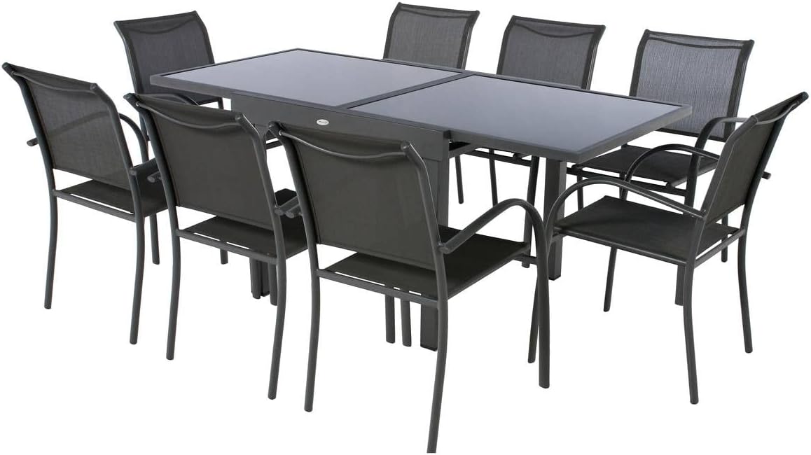 jardinite - Table Piazza Gris Graphite extensible 8 places - Aluminium anti-rouille, verre trempé, rallonge coulissante.