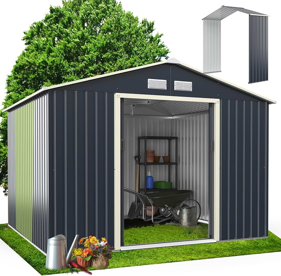jardinite Abri de Jardin Métal 7m2 avec Abri d'Extension Porte Coulissante, Cabane de Jardin Extérieur 267x256x202cm Outils de Jardin résistant aux intempéries, KX7177KV+FR