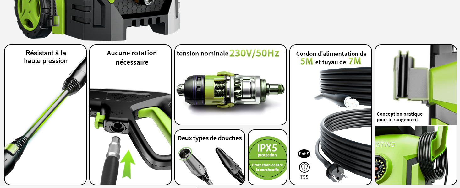 Le schéma du produit montrant les différents angles et caractéristiques d'un appareil noir et vert, semble être une spécification technique du produit