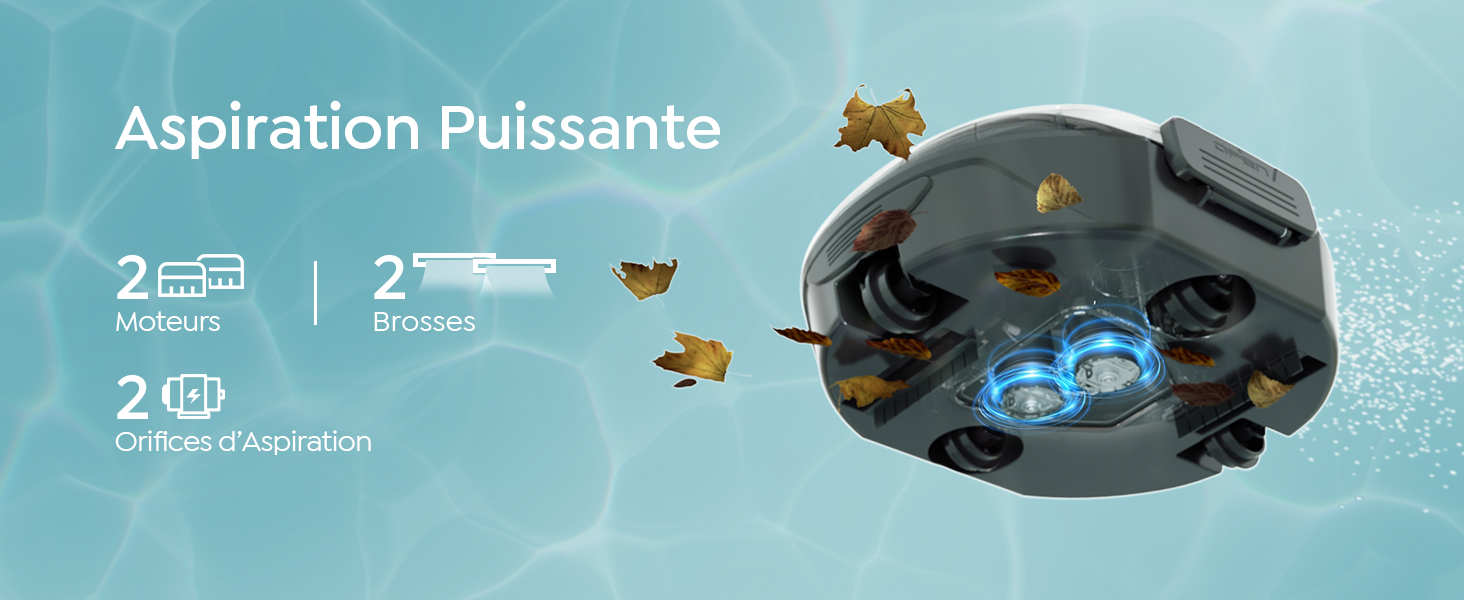 Le texte indique « Aspiration Puissante » avec des icônes représentant « 2 » aspirations, « 2 » modes d'aspiration et « 2 » niveaux d'aspiration. Aspirateur robotique noir avec accent bleu affiché sur fond turquoise avec feuilles d'automne.
