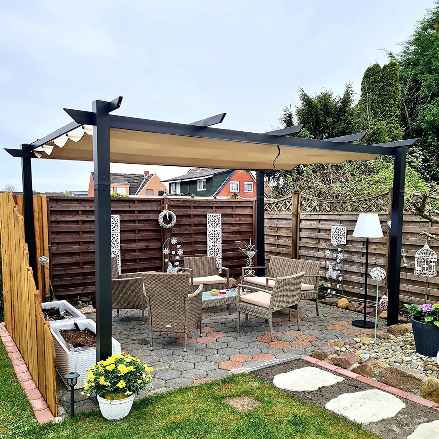 jardinite - Pergola Kaki - 4x3m aluminium, toit rétractable, imperméable