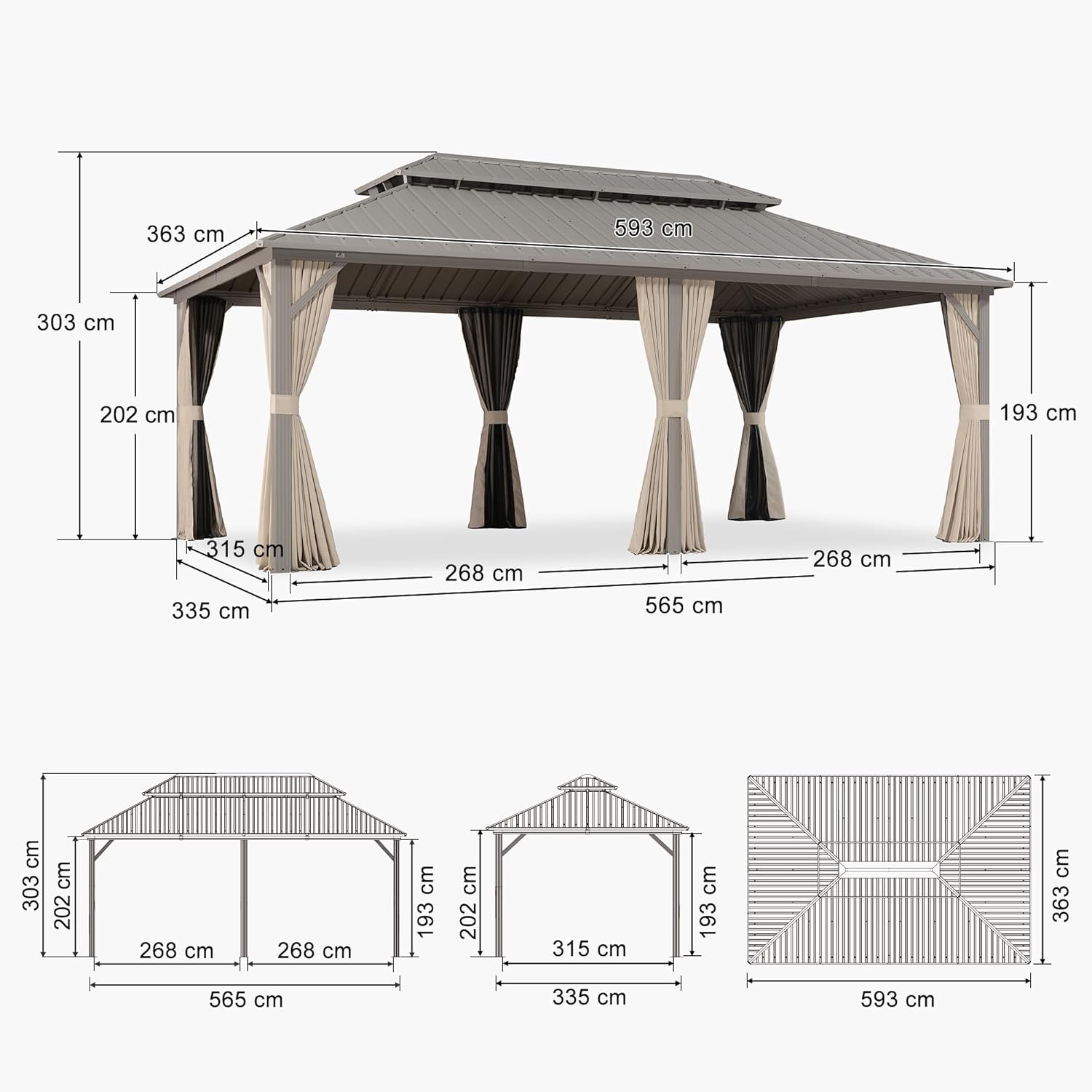 jardinite Tonnelle de Jardin Extérieur 6 x 3,65 m avec Guirlande Lumineuse, Pergola Aluminium à Toit Rigide en Acier Galvanisé, Pavillon Imperméable pour Camping, Fête, Barbecue, Champagne