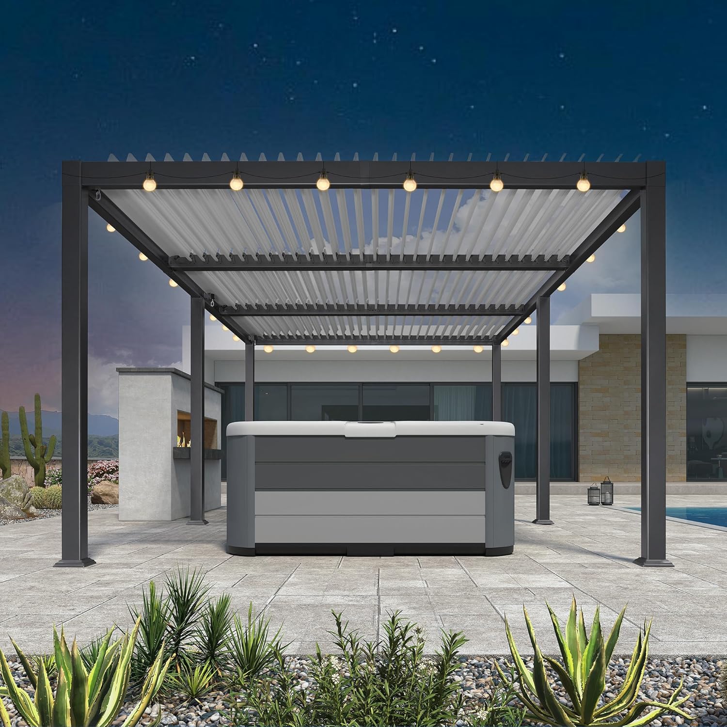 jardinite - Pergola Bioclimatique - 6,35x3,5m - Aluminium, éclairage, lames orientables, poteaux blancs