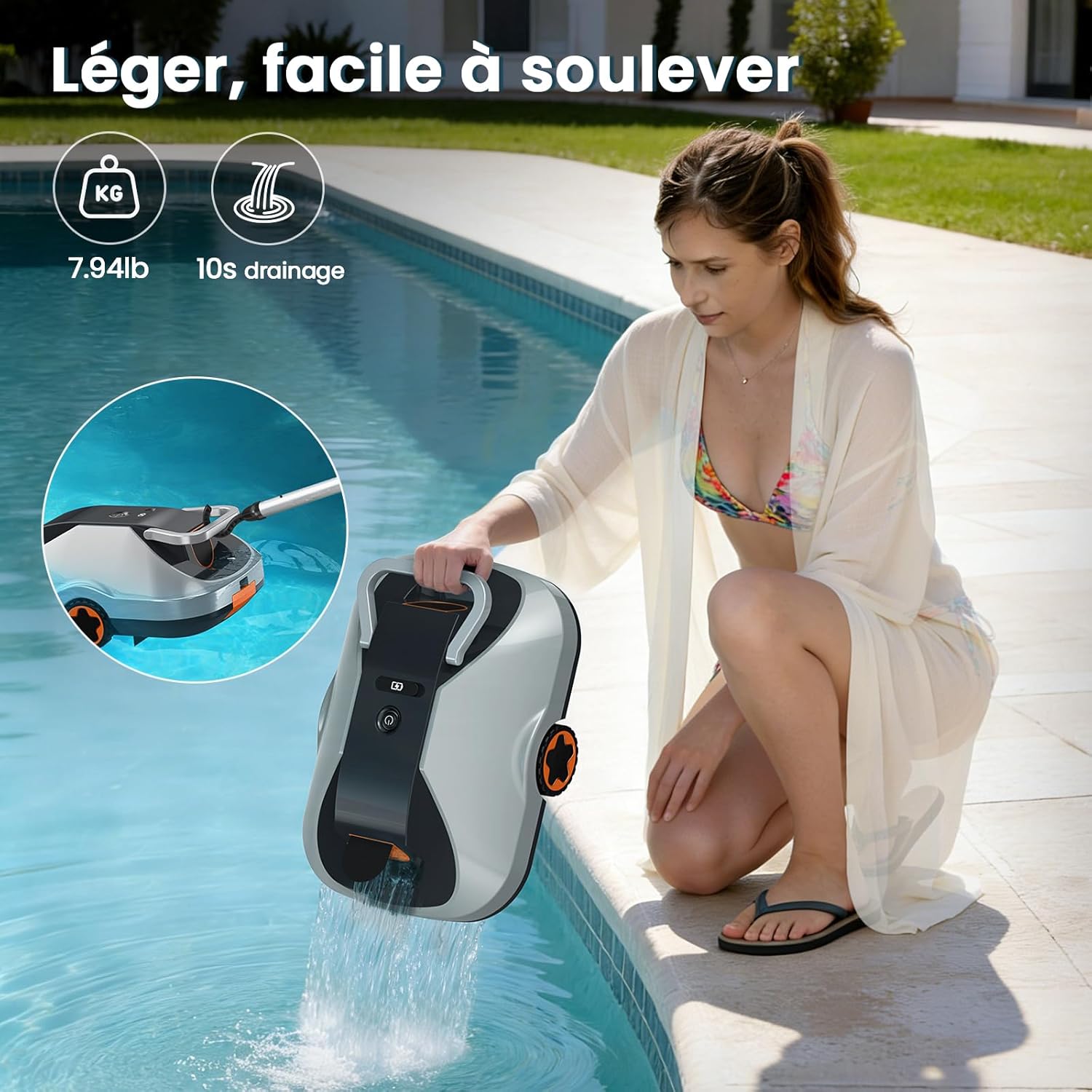 Robot piscine sans fil - compact, 200min autonomie, filtration fine, 232m²