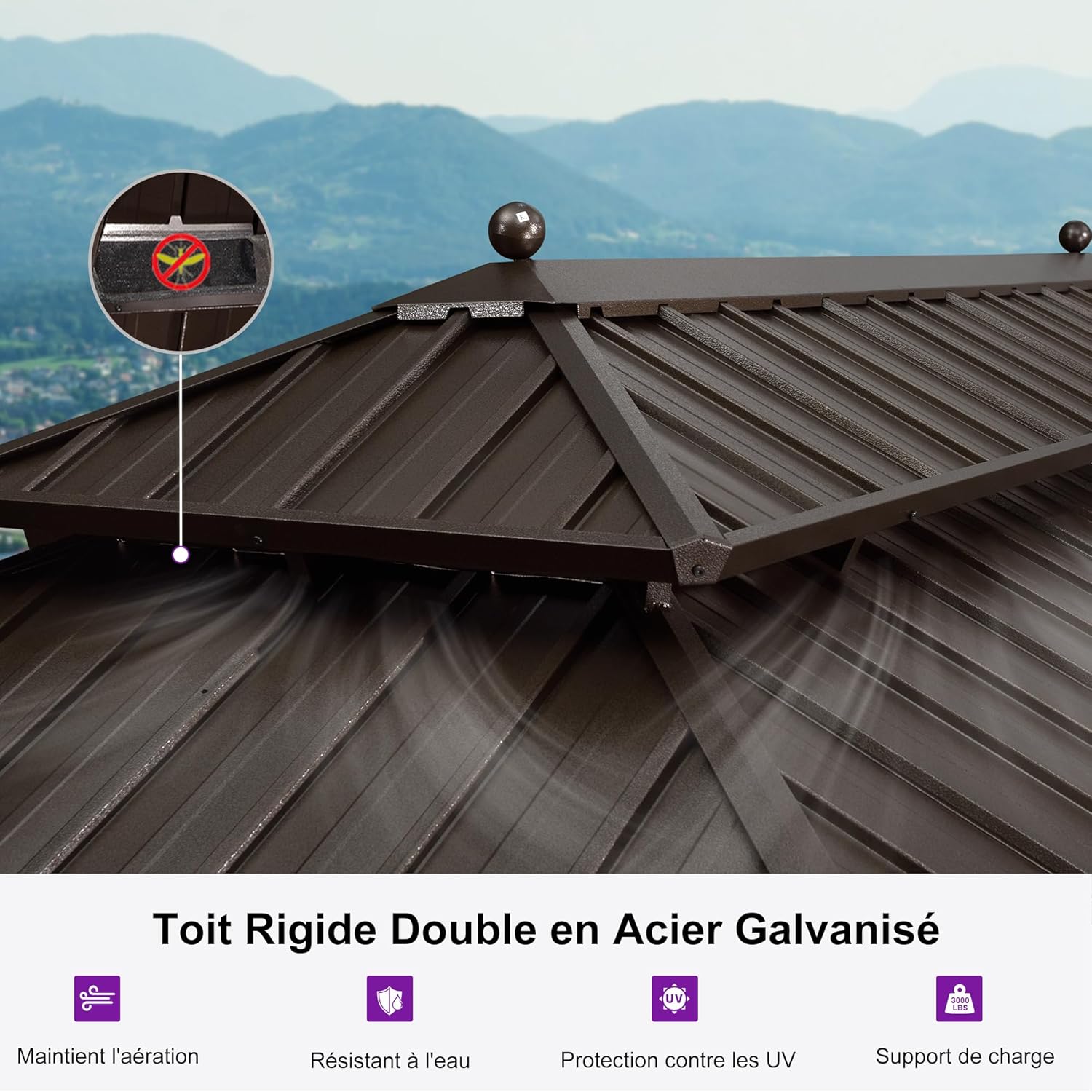 jardinite - Double Toit Bronze - 6x3,65m - Rideaux épais, moustiquaire, gouttière, poteaux renforcés