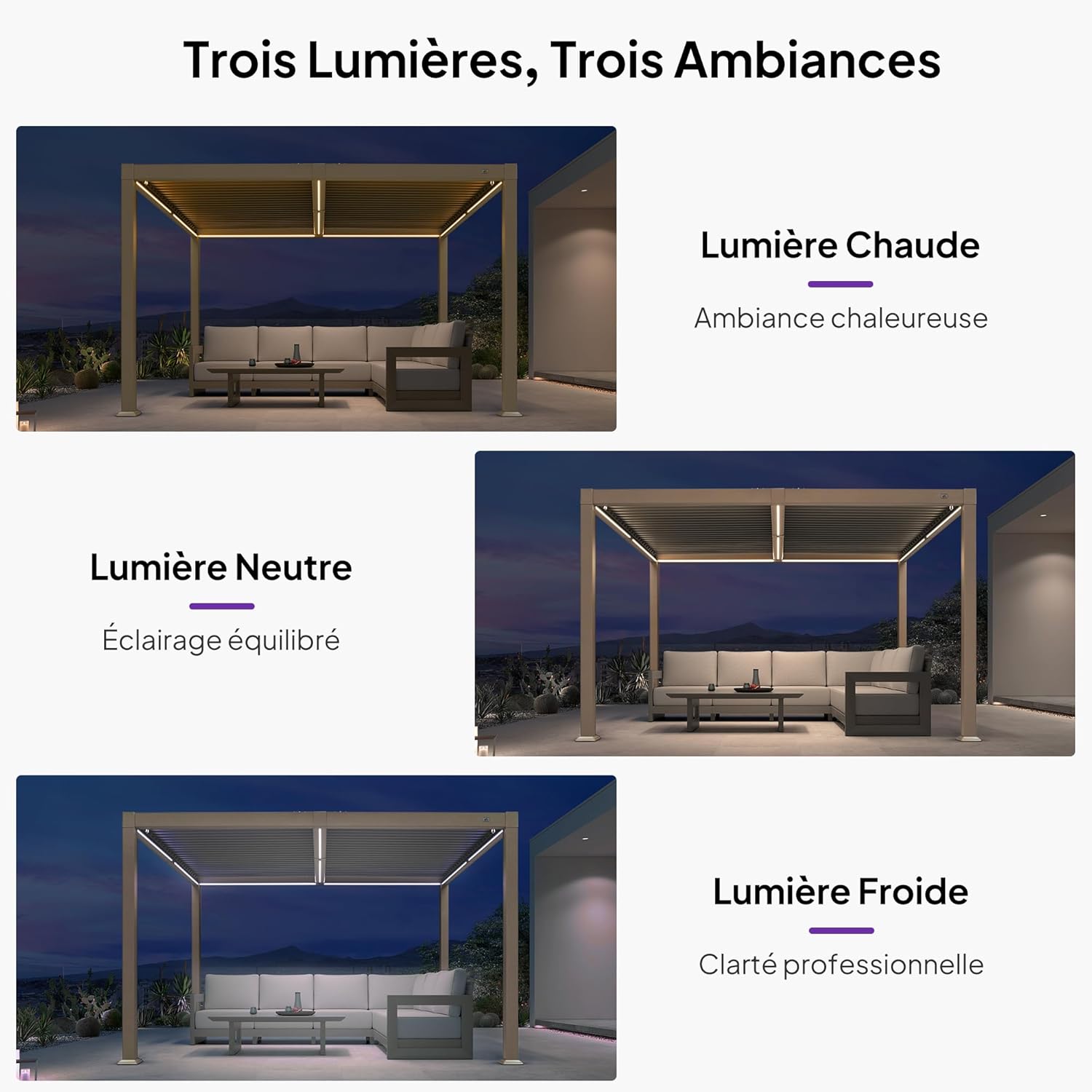 jardinite - pergola bioclimatique LED - 3x3,65m - alu, lames orientables, étanche