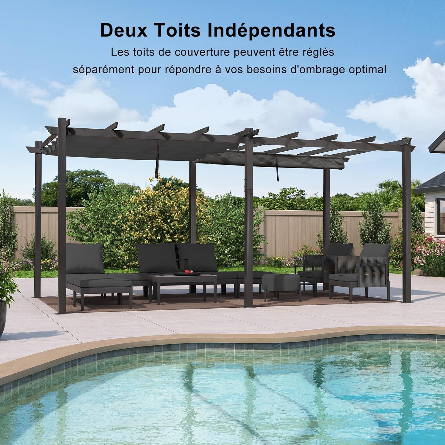 jardinite - Pergola Aluminium 5.5 x 3.5 m - Éclairage LED intégré, toit rétractable, tissu teinté, structure résistant