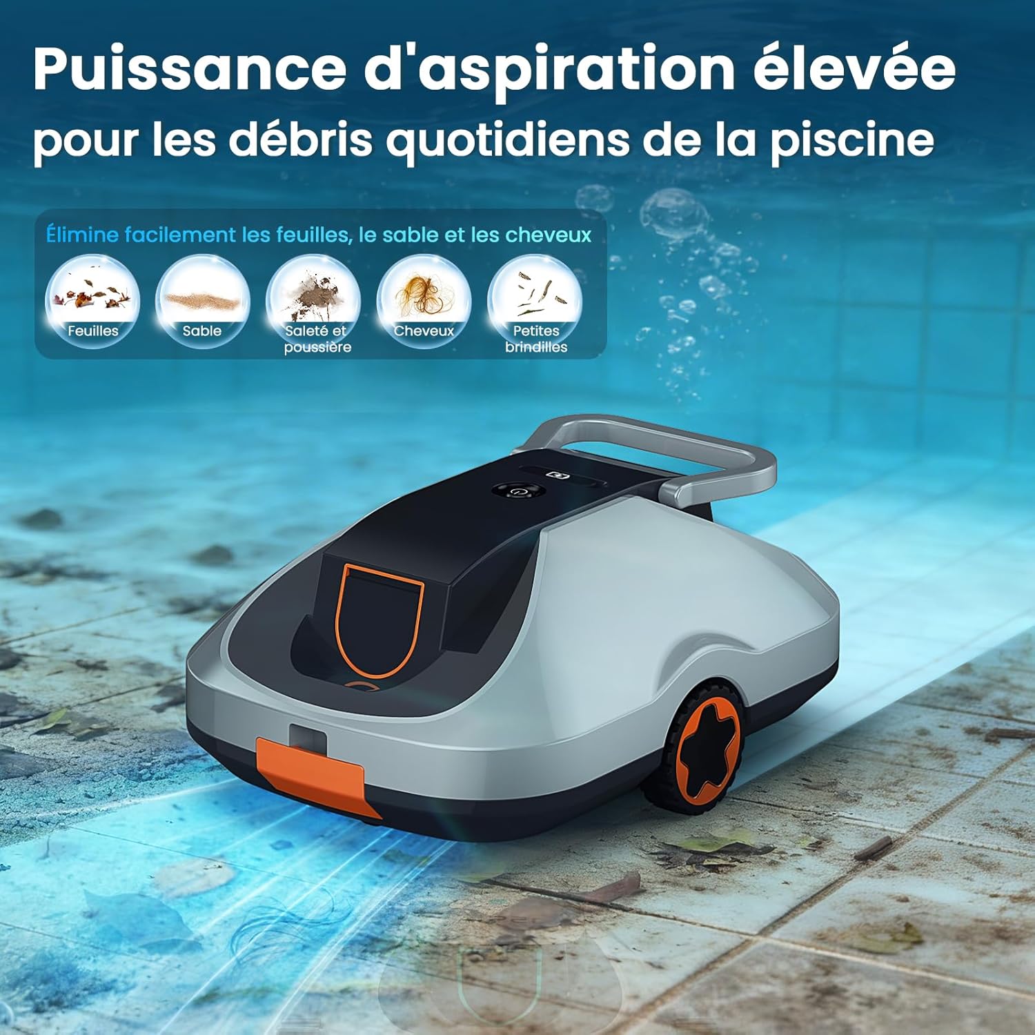 Robot piscine sans fil - compact, 200min autonomie, filtration fine, 232m²