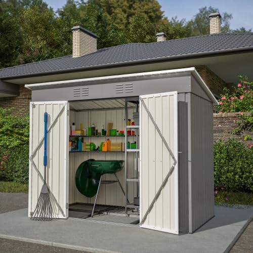 Abri de jardin, abri à outils, en métal, 229 x 111 cm, avec fondation, résistant aux intempéries, gris pour vélos et outils