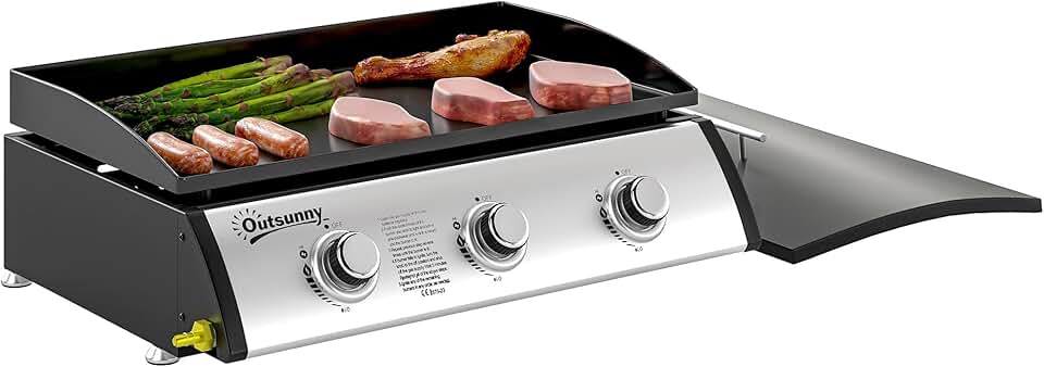 jardinite - Plancha gaz 3 brûleurs, 61x35,5cm, couvercle, portable, 7,5kW