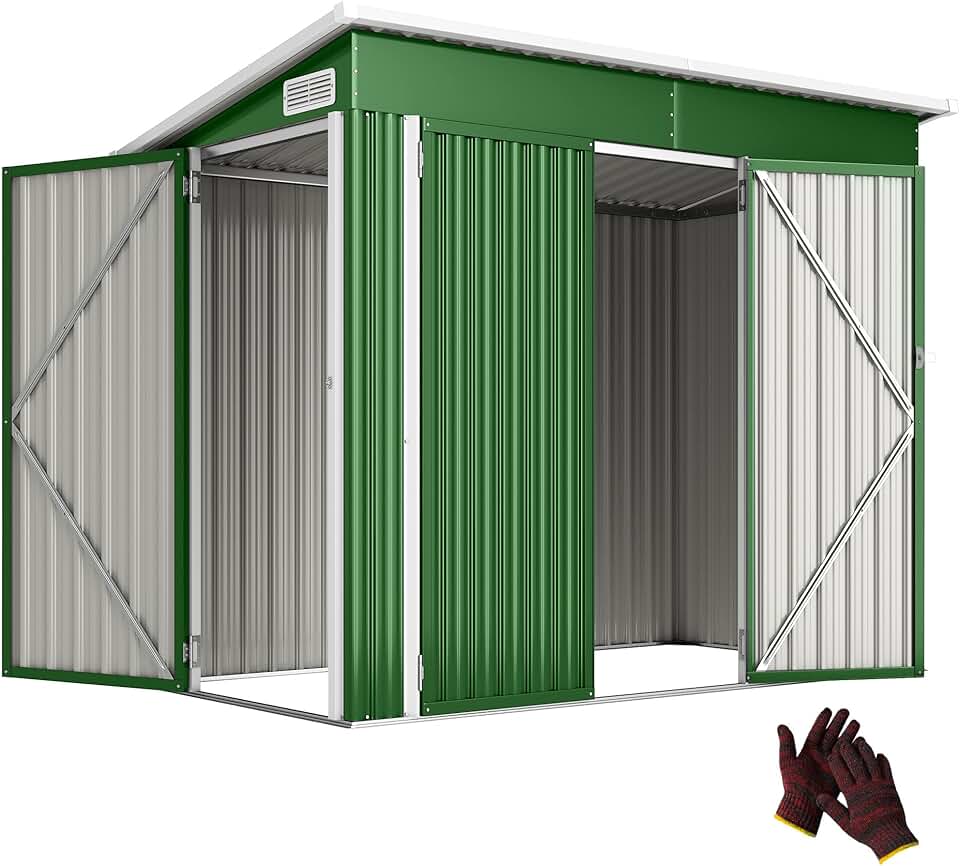 jardinite - Abri de jardin métal - 234x132x185 cm - Triple porte, toit incliné, serrure, ventilation
