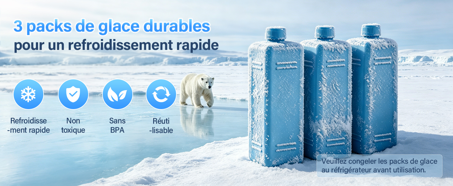 Le texte indique « 3 packs de glace durables pour un refroidissement rapide » avec des icônes indiquant la température, le gel, la durabilité et la réutilisation. Trois blocs de glace réutilisables bleus affichés sur fond blanc.
