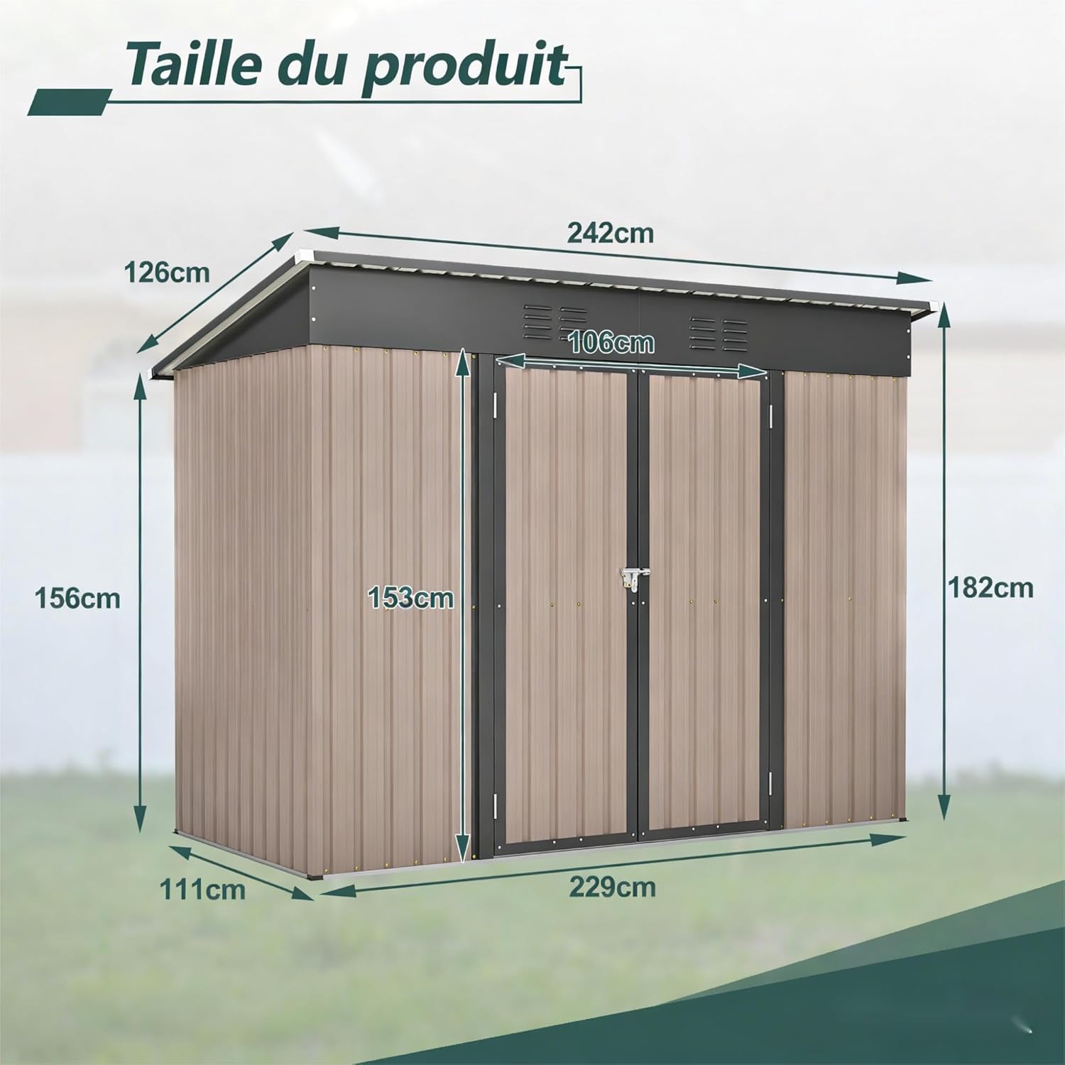 Abri de jardin métal compact 229x111x182cm, verrouillable, fondation