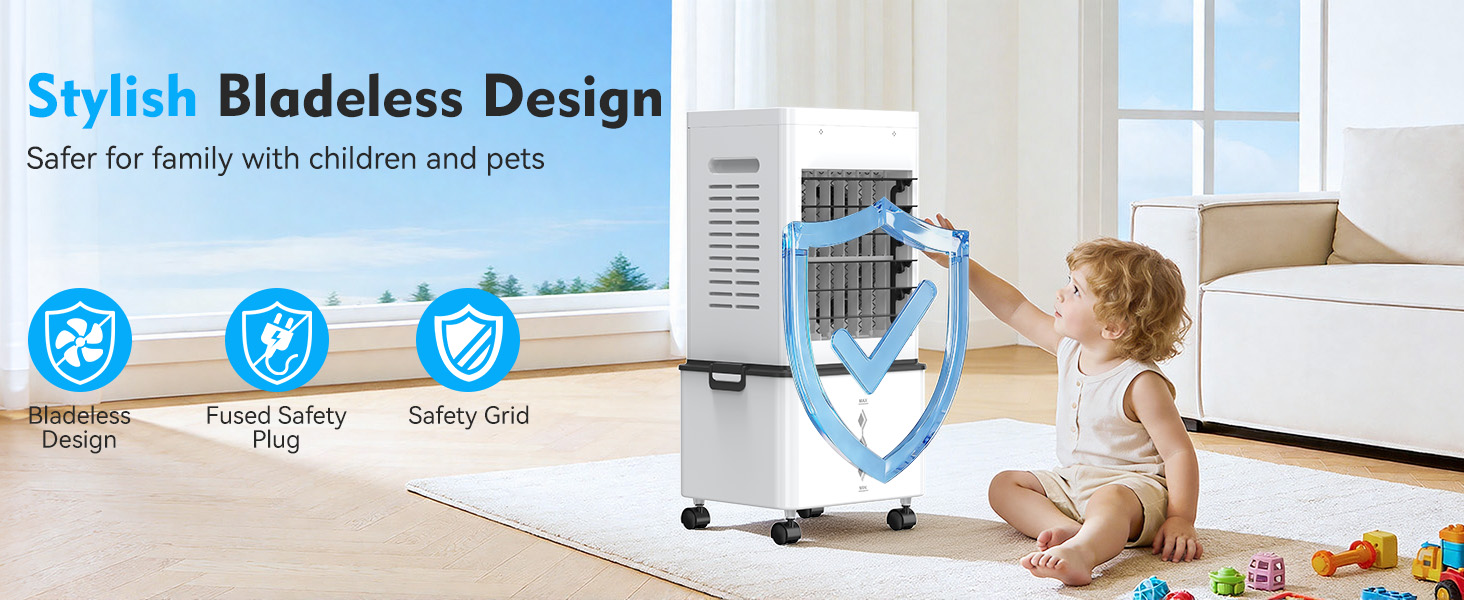 Le texte indique « Design élégant sans seau ». Montre un enfant jouant sur le sol avec des icônes indiquant les caractéristiques du produit, notamment les symboles Easy Setup et Easy-Dry.