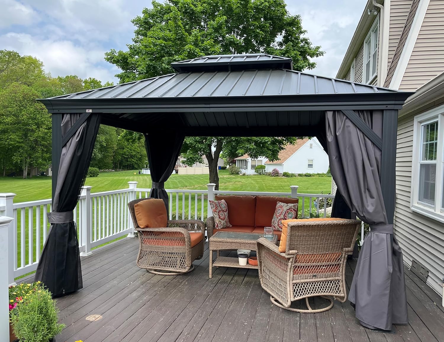 jardinite - pergola double toit acier 4x3m, moustiquaire, rideaux