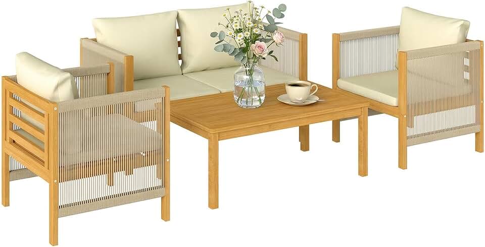 jardinite - Salon de Jardin en Bois d'Acacia 4 pièces - Canapé, fauteuils, table - Coussins déhoussables, corde tressée, 