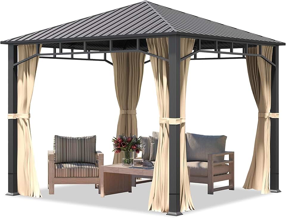 jardinite - tonnelle de jardin série acier - 3x3m - toit acier, 4 parois champagne, montants 90x90mm