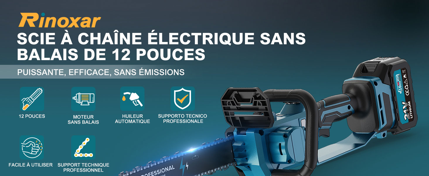 avec des caractéristiques mises en évidence, notamment un moteur sans balais, un frein de chaîne