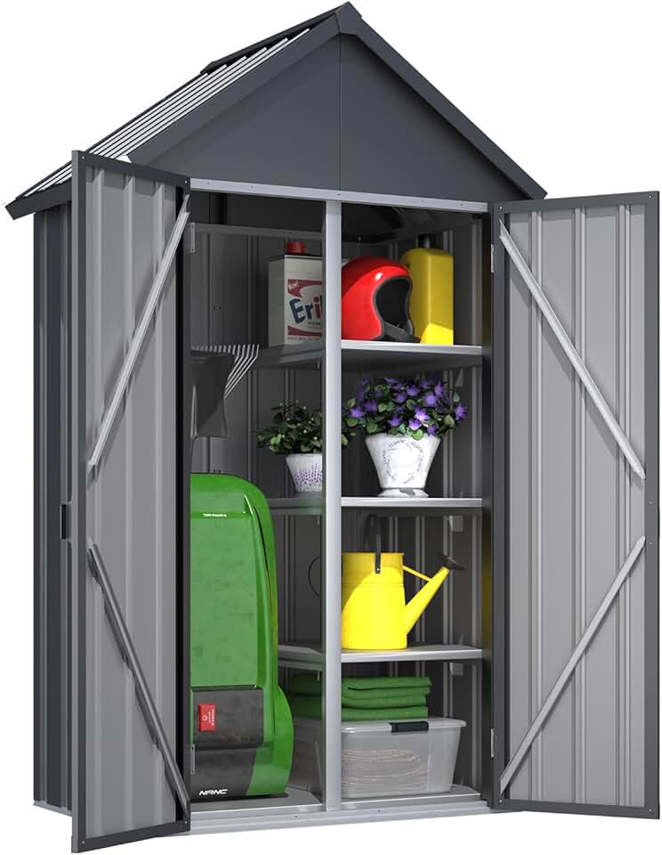 jardinite - Abri de jardin métal, 107x53x178 cm, 4 étagères, portes, serrure