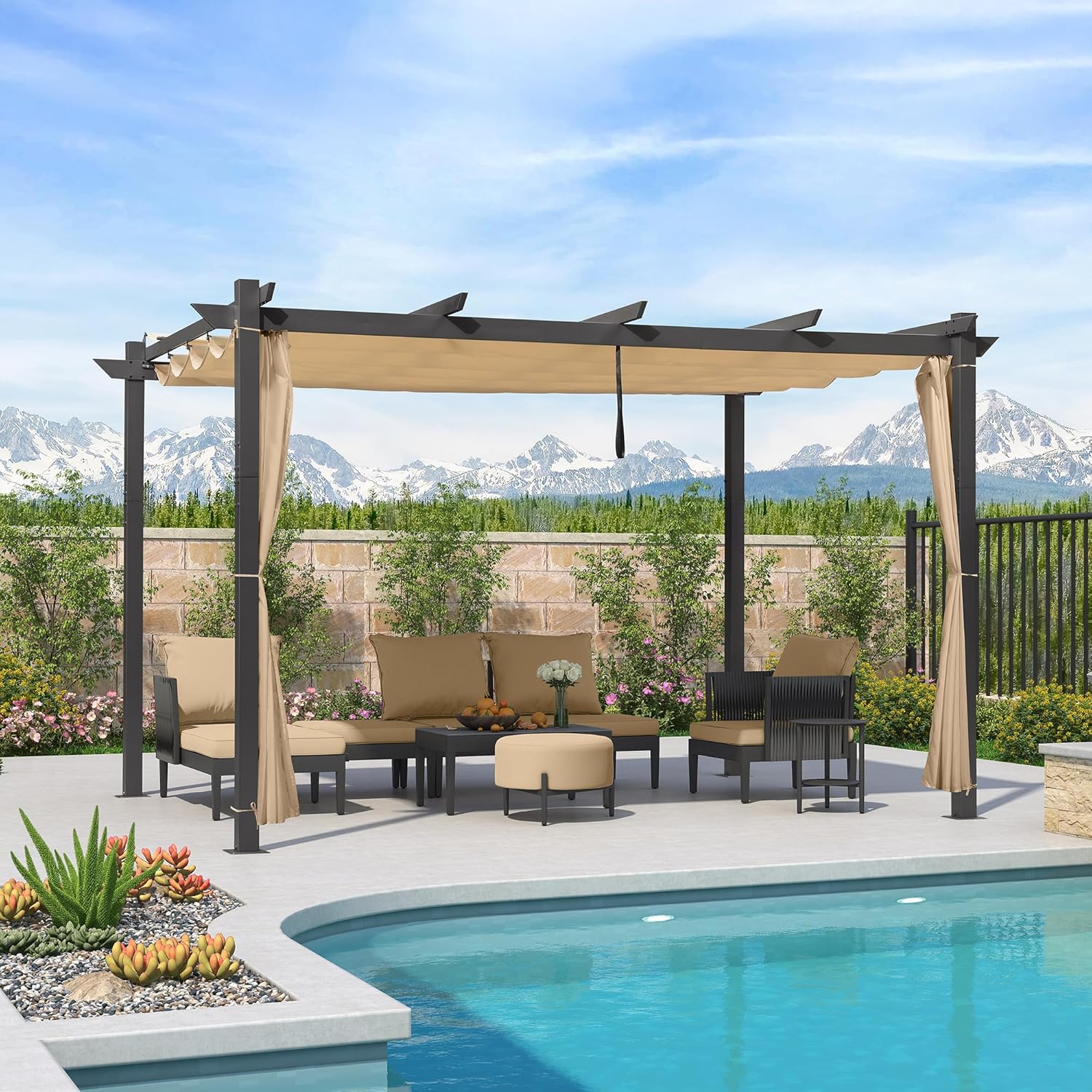 jardinite - pergola aluminium - 4x3m - rideau, toit rétractable, kaki