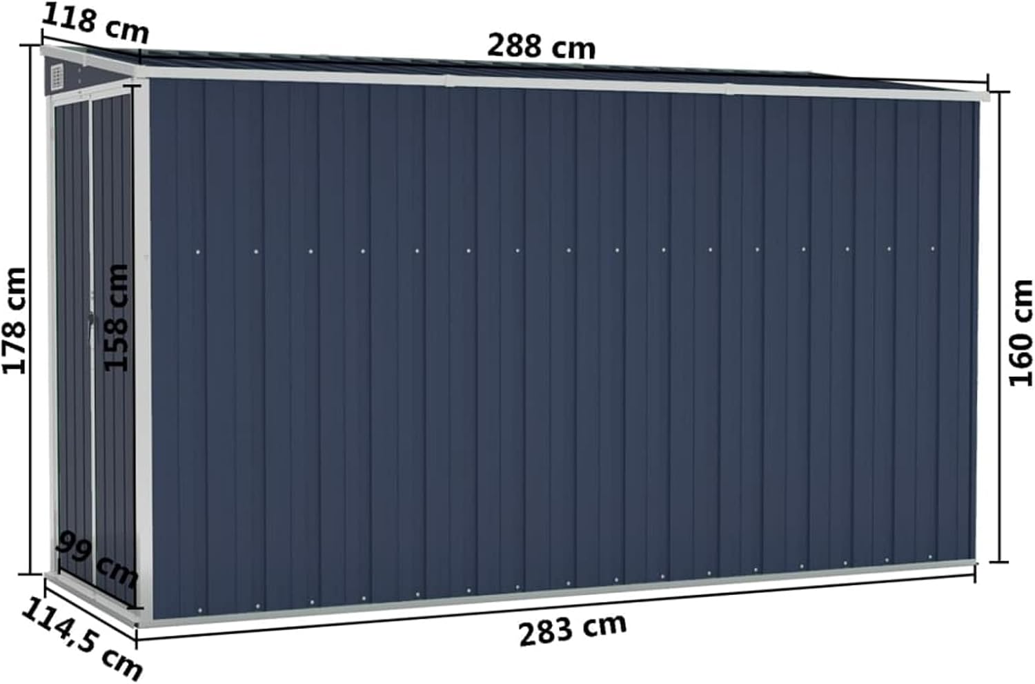 Abri de jardin mural en acier galvanisé 118 x 288 x 178 cm