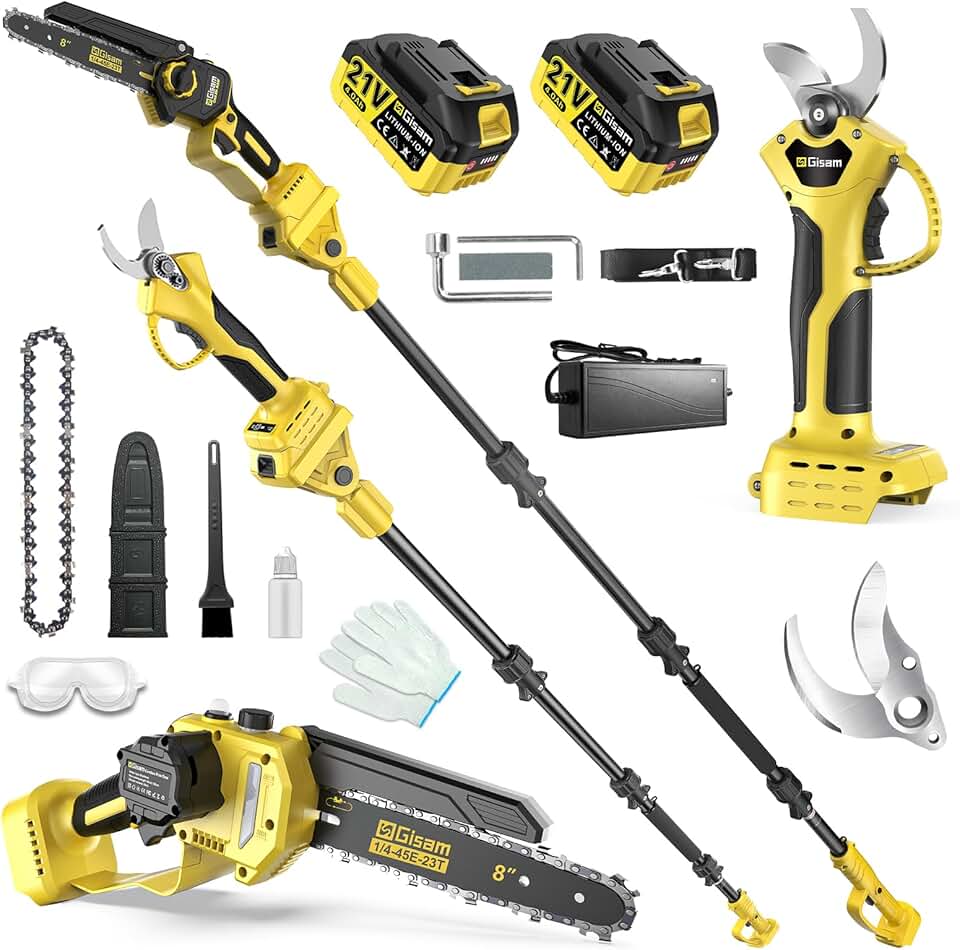 8 Pouces Mini Tronconneuse avec Perche & Secateur Electrique, 4-en-1 Ensemble d’Outils de Jardin avec 2 * 4000 mAh Batteries, Moteur Brushless, Portée Maximale Jusqu’à 4,2 m pour Jardinage/Arbres
