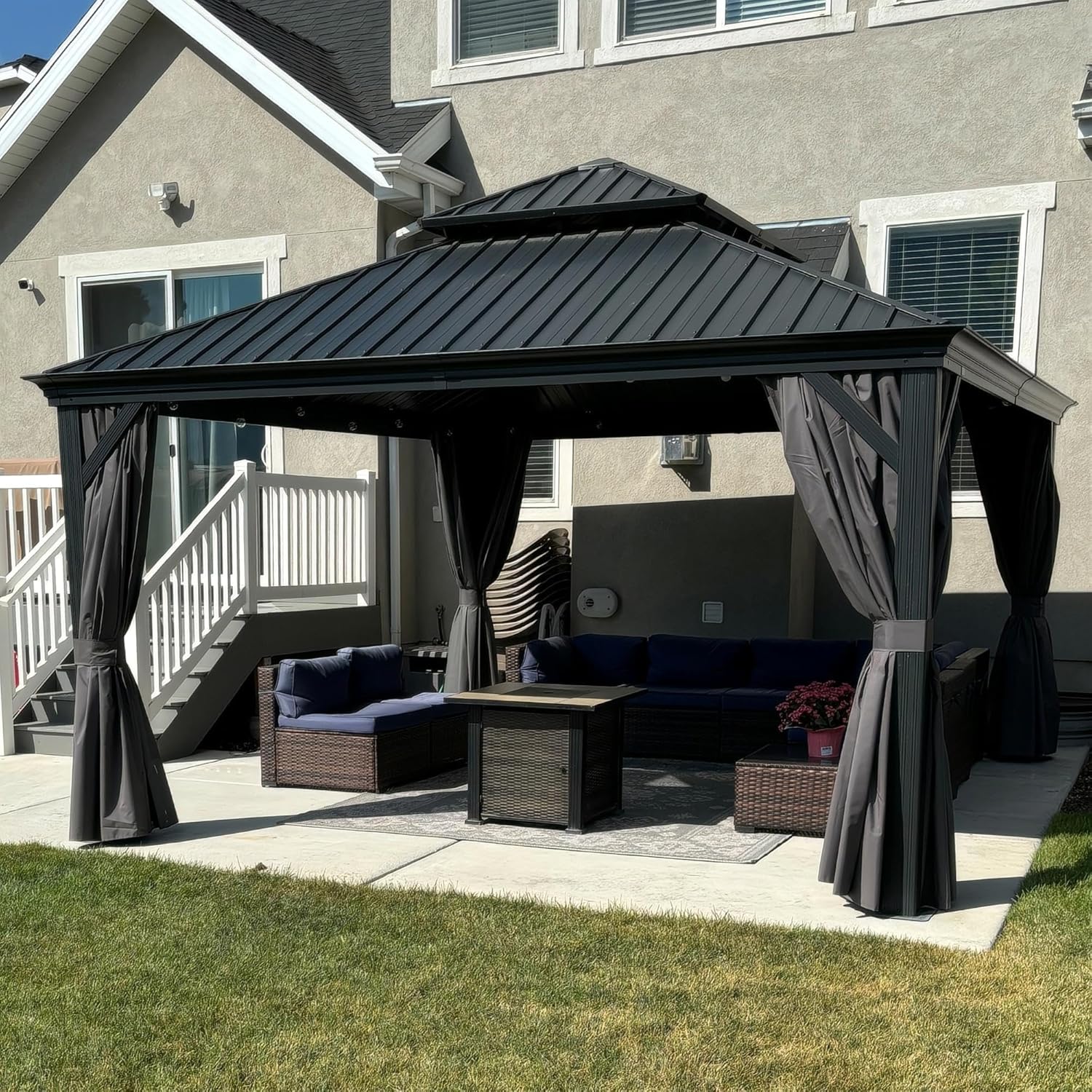 jardinite - tonnelle double toit acier 4x4m, rideaux, moustiquaire