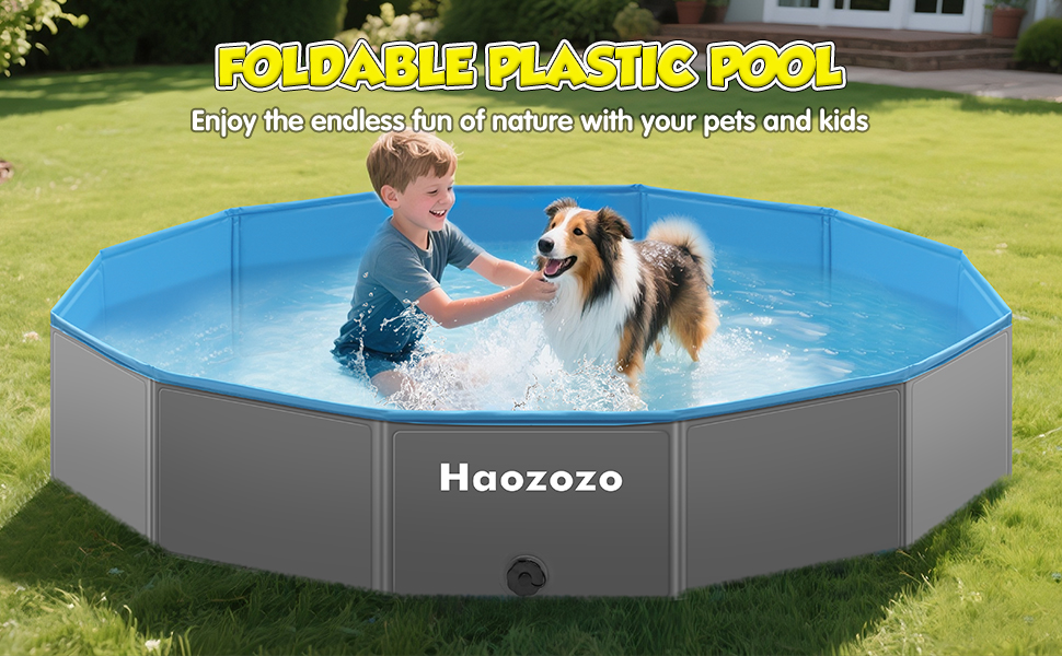 Grande « piscine en plastique pliable » octogonale de jardinite. Piscine bleue remplie d'eau sur l'herbe, avec un enfant qui éclabousse avec un chien. Texte : « Profitez des joies infinies de la nature avec vos animaux de compagnie et vos enfants