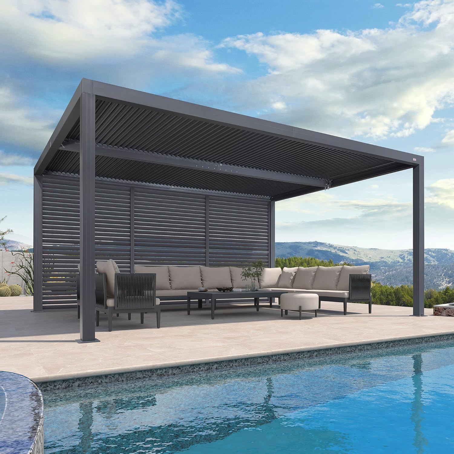 jardinite - Pergola bioclimatique série aluminium - 4,8x3,68m - lames orientables, persiennes fixes, gris