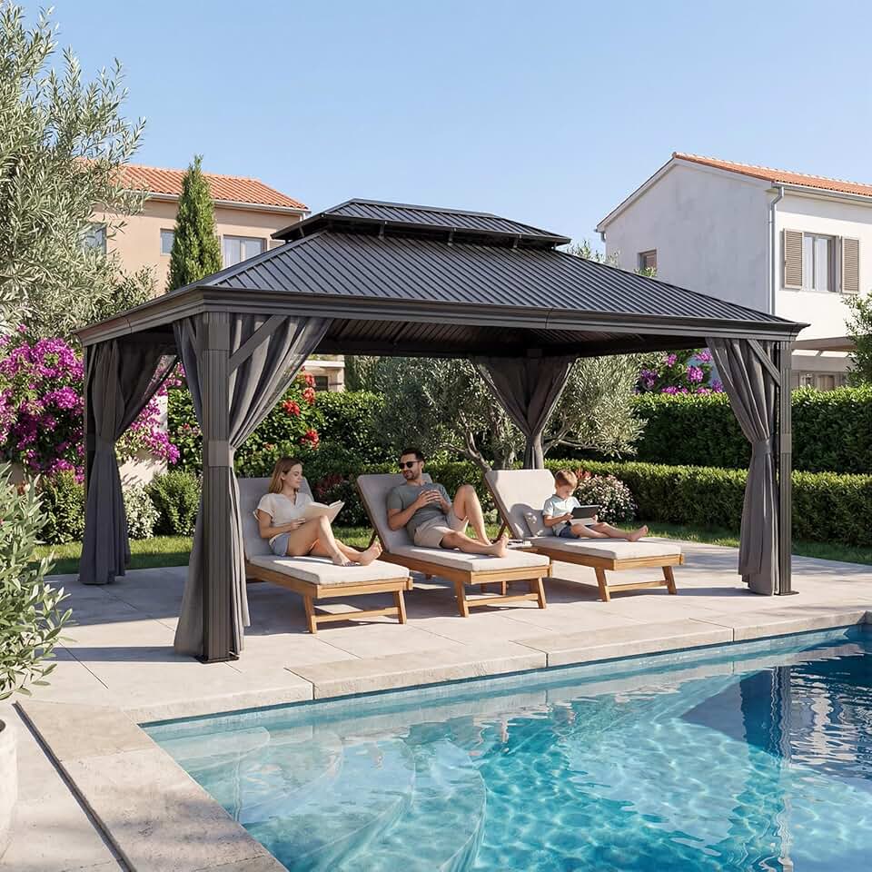 jardinite - Hardtop Pavillon - 3,65x4,85m - Étanche, double toit, stores, moustiquaires