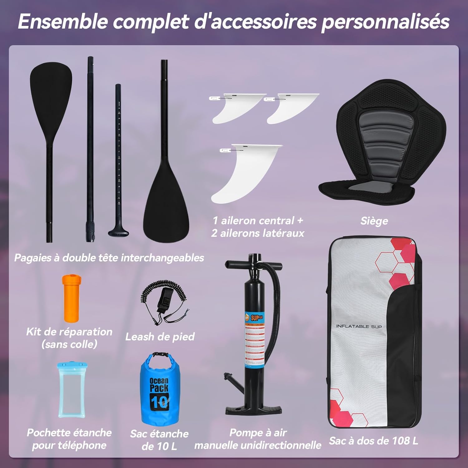 jardinite - Paddle Gonflable Série Adulte - 320/335cm - 2 personnes, siège kayak, pagaie alu, support caméra, jusqu'à 15