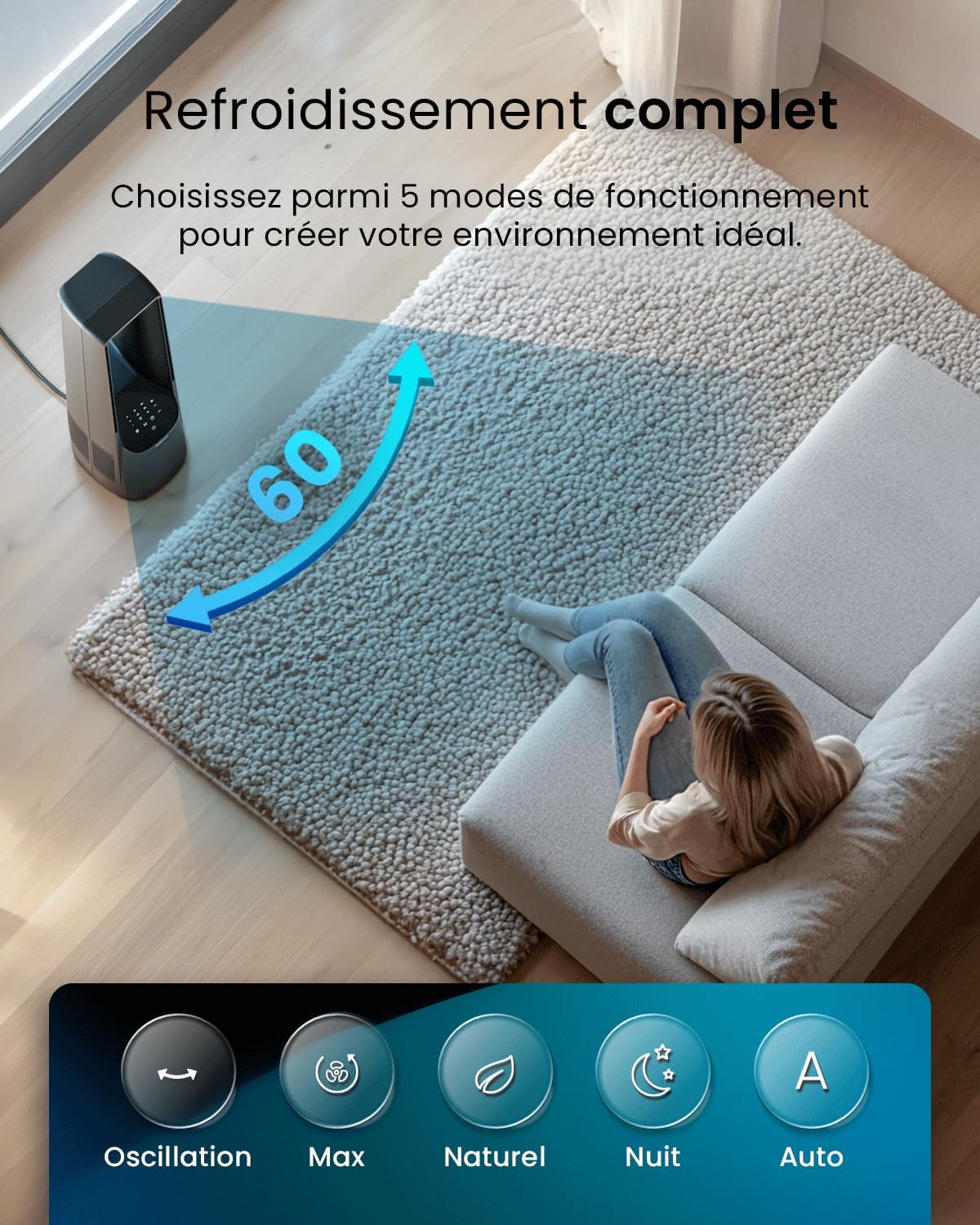 jardinite - Ventilateur colonne sans pales - 101 cm - WiFi, ultra silencieux, LED, télécommande, 6 vitesses, 5 modes, o