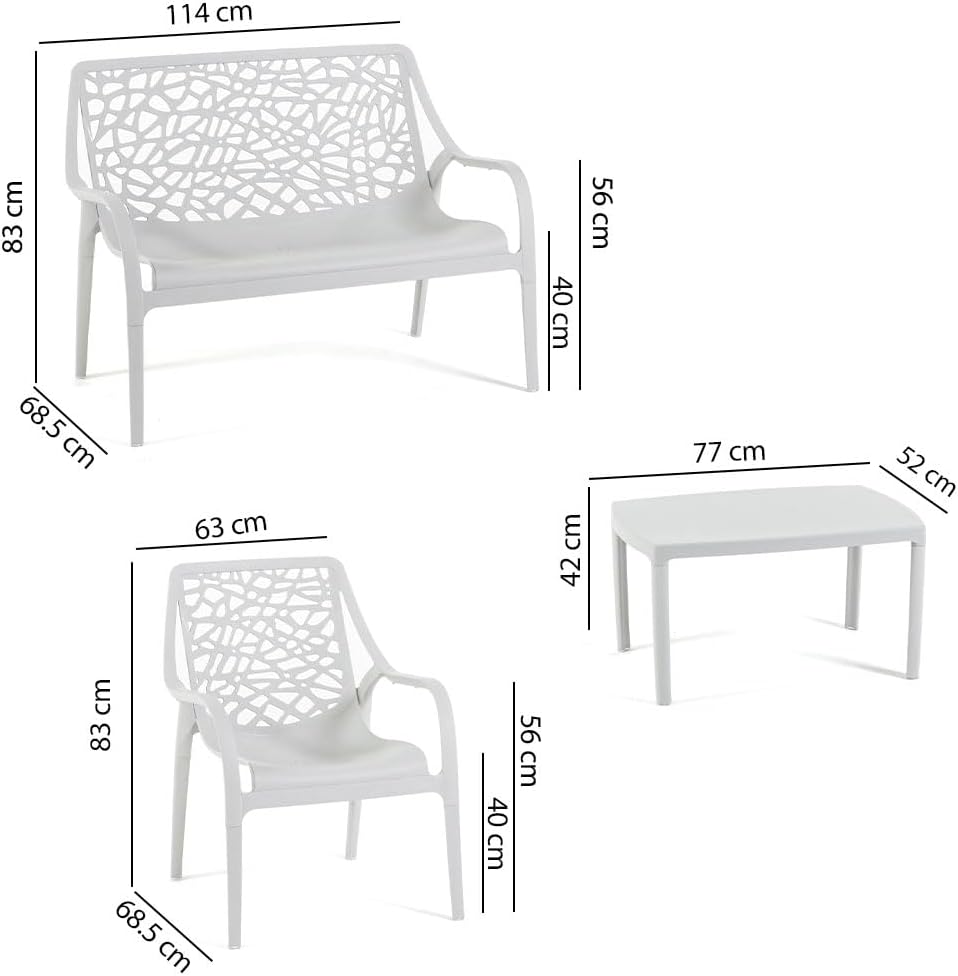 Salon de jardin - Maratea - 2 places + 2 fauteuils + table - polypropylène & fibre de verre, empilable, imperméable, gri