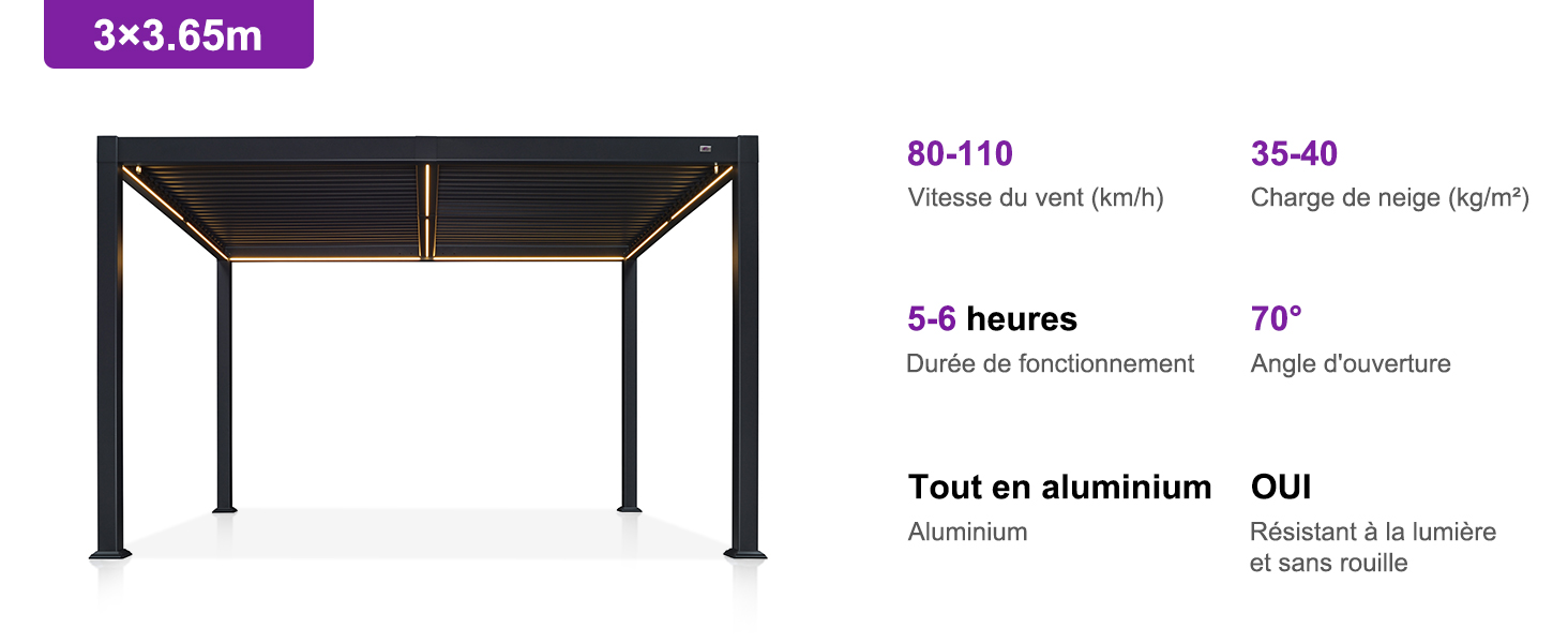 Structure de pergola moderne en aluminium mesurant 3 x 3,65 m, dotée de lattes réglables à 70 degrés et d'une résistance à la neige