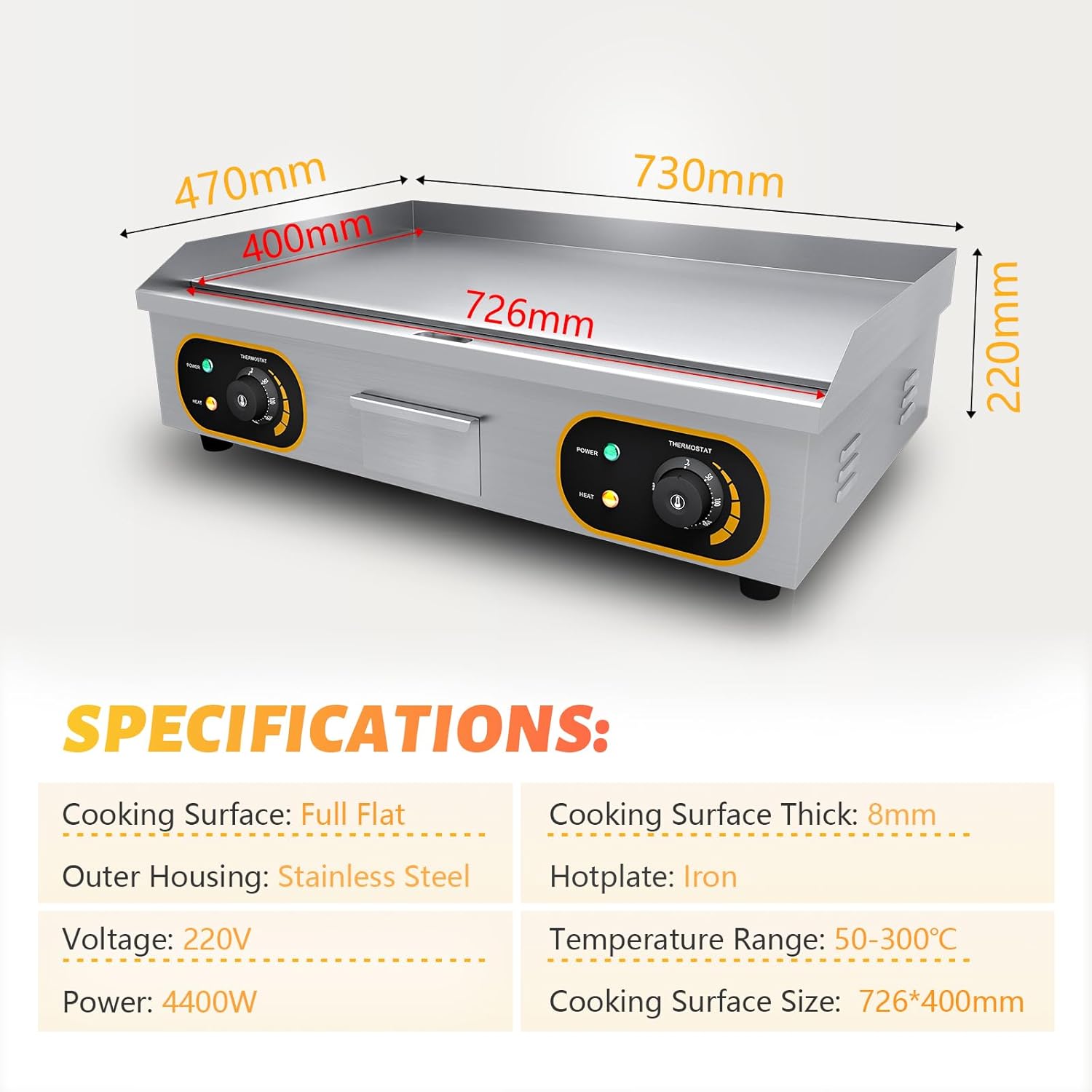 Plancha électrique inox professionnelle 73x43cm 4400W, 2 thermostats