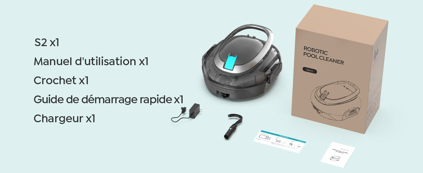 Le texte se lit comme suit : « x2 x1, Manuel d'utilisation x1, Crochet x1, Guide de demarrage rapide x1, Chargeur x1 ». Aspirateur robotique avec station de chargement et emballage en carton beige illustré avec les accessoires inclus.