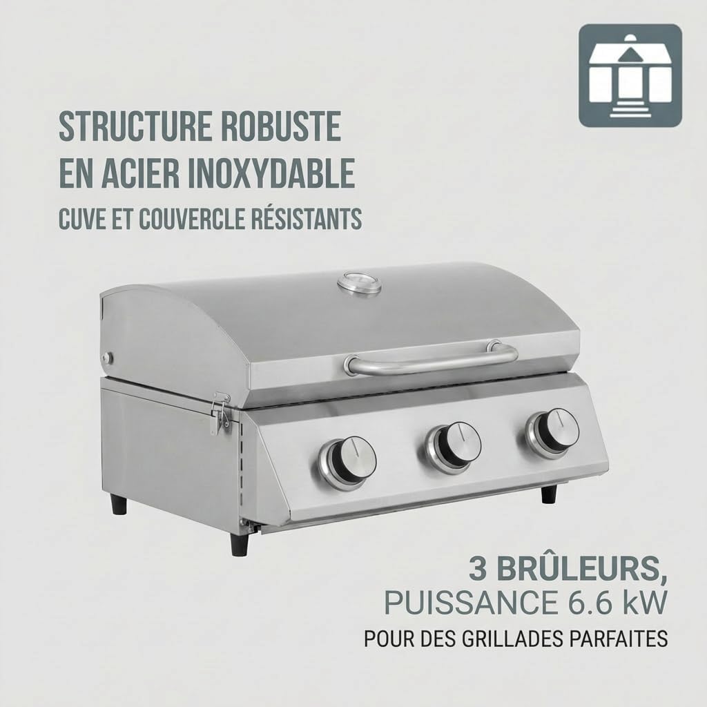 jardinite - Barbecue à gaz portable - inox - 3 brûleurs, thermomètre, allumage piézo - CATHAN