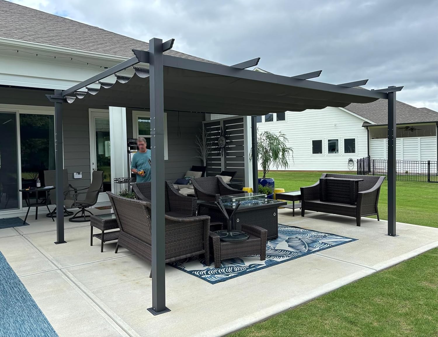 jardinite - Pergola aluminium - 4,8x3,5m - toit coulissant, tissu teint en fil, gris